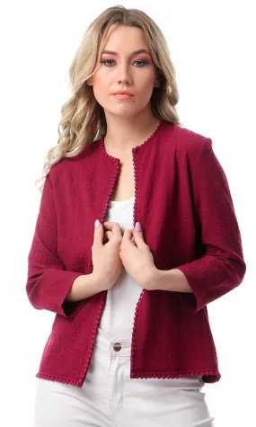 56307 Self Patterned Long Sleeves Cardigan - Dark Magenta