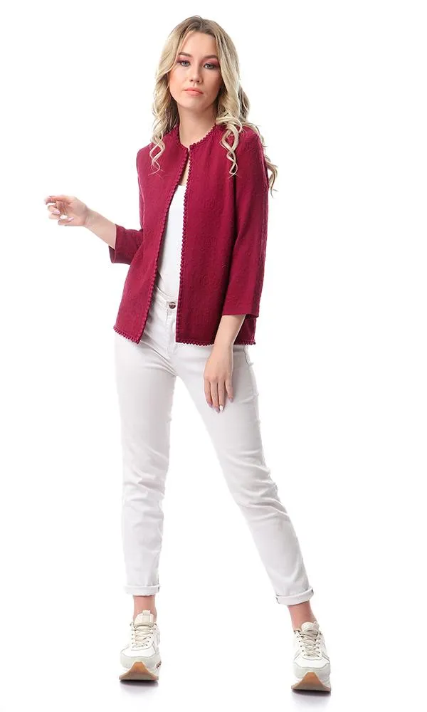 56307 Self Patterned Long Sleeves Cardigan - Dark Magenta