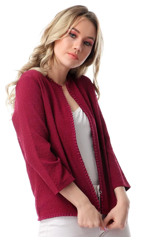 56307 Self Patterned Long Sleeves Cardigan - Dark Magenta