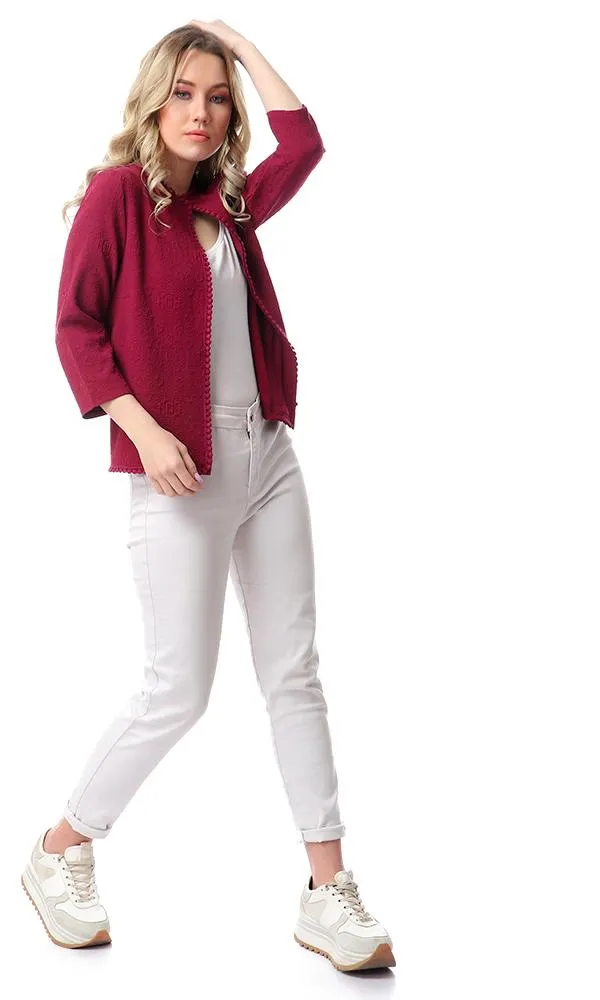 56307 Self Patterned Long Sleeves Cardigan - Dark Magenta