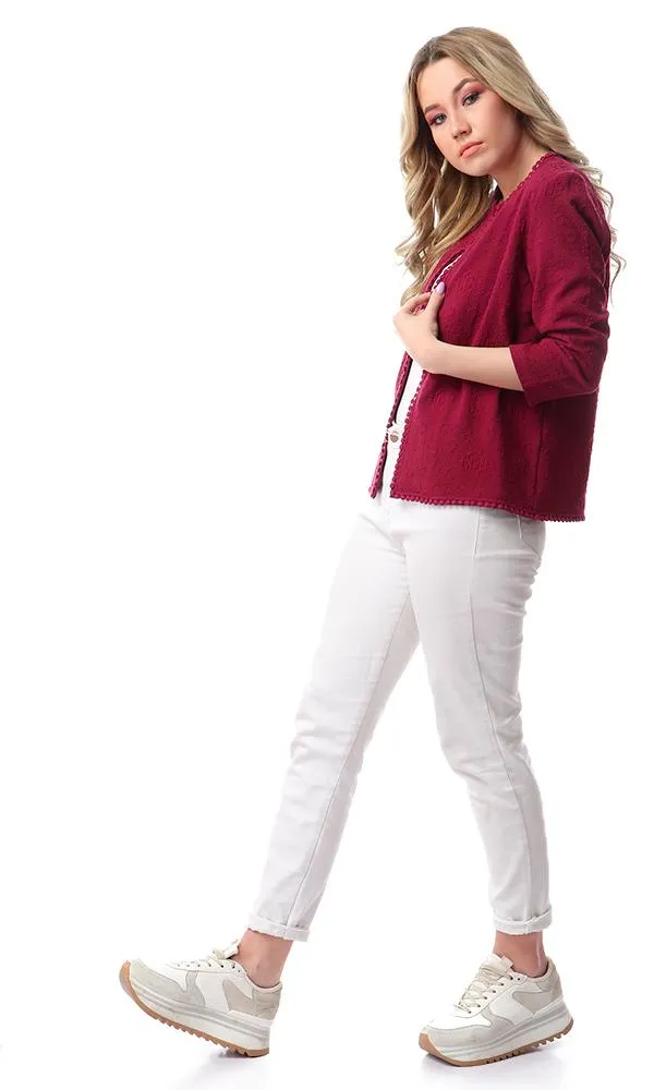 56307 Self Patterned Long Sleeves Cardigan - Dark Magenta