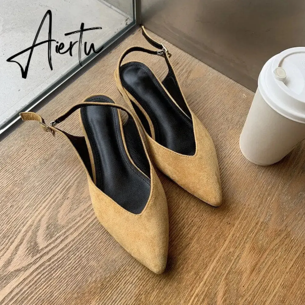 Aiertu Black Low Heels Women Pumps Buckle Flock Dress Casual Ladies Shoes Pointed Toe Slingbacks Spring Large 41 Court Shoes