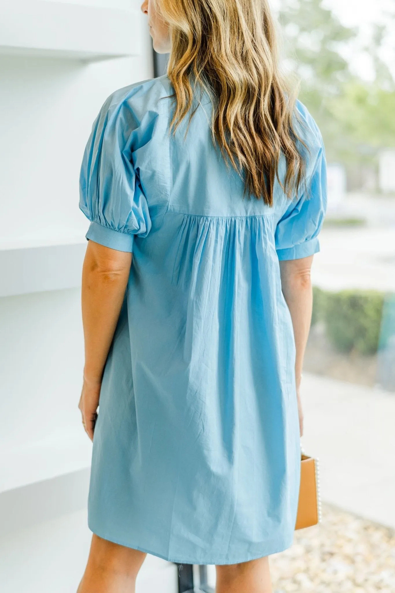 Air Blue Poplin High Neck Dress