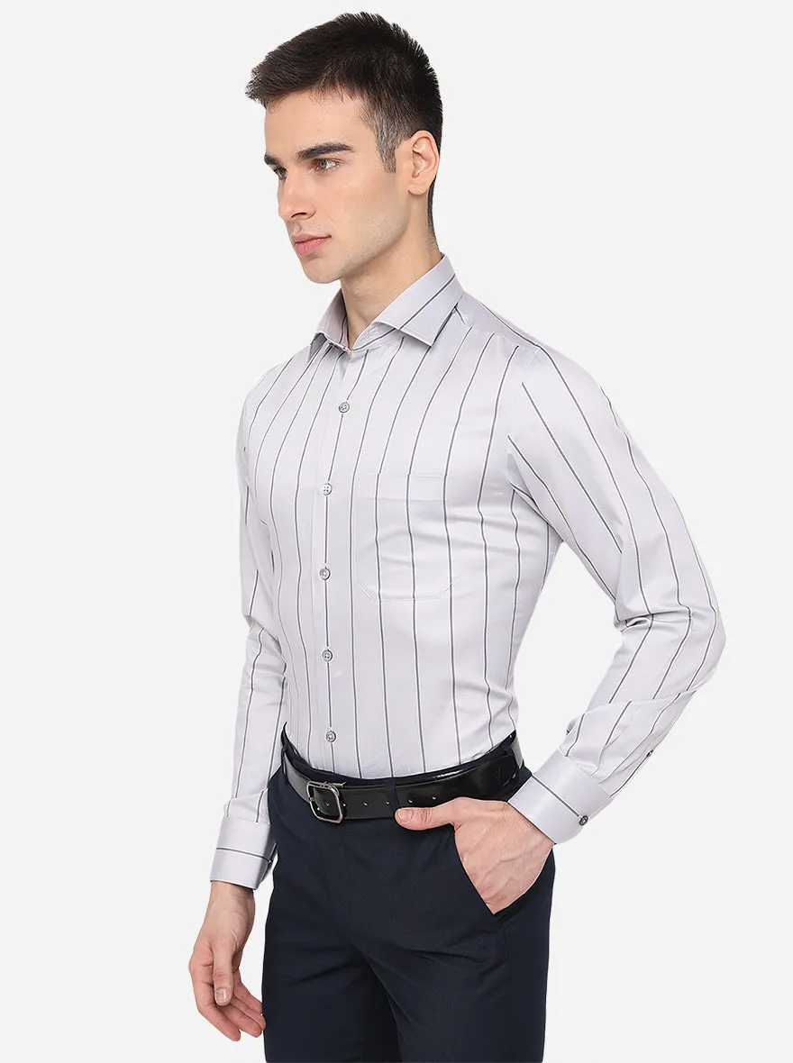 Ash Grey & Blue Striped Regular Fit Formal Shirt | JadeBlue