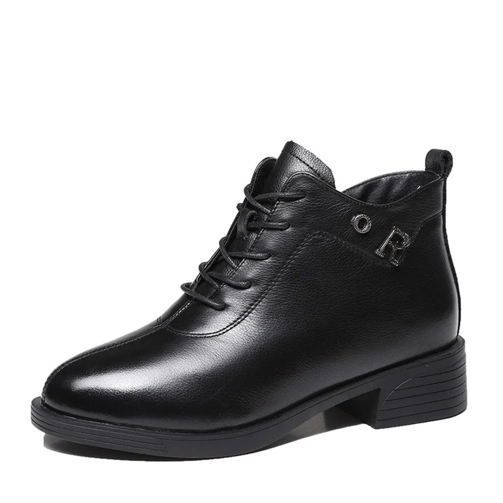 Autumn Winter Leather Thick Women's Black Boots