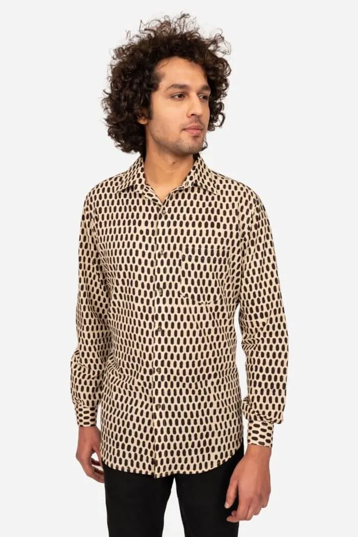 BEIGE AND BLACK BLOCK PRINTED COTTON SHIRT