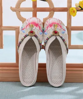 Beige Linen Tassel Embroidery Women Splicing Flat Slide Sandals LY7706