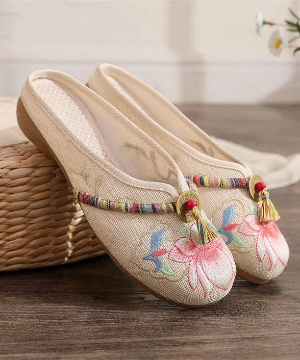 Beige Linen Tassel Embroidery Women Splicing Flat Slide Sandals LY7706