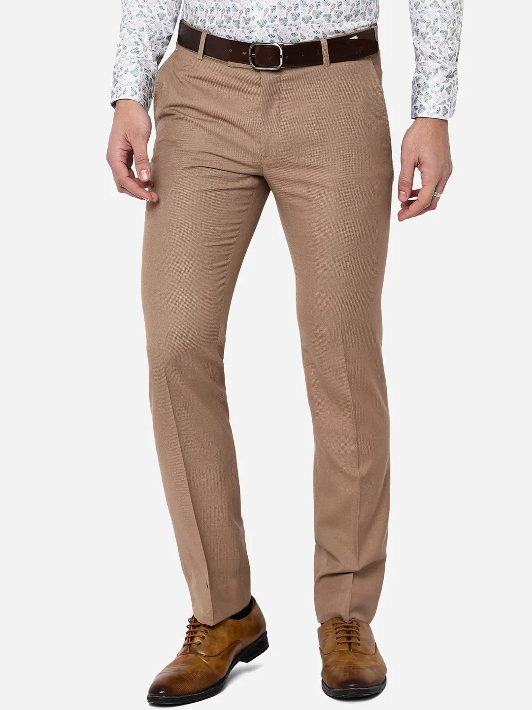 Beige Solid Slim Fit Formal Trouser | Metal