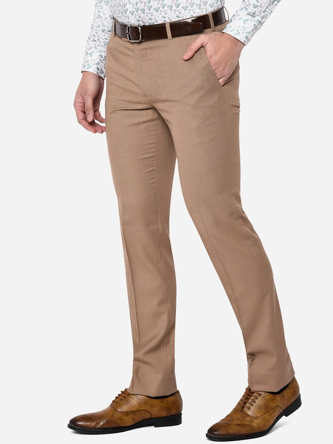 Beige Solid Slim Fit Formal Trouser | Metal