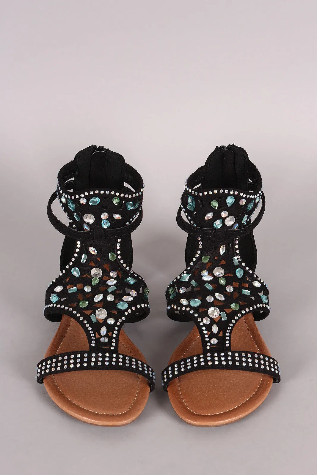 Bejeweled Suede Open Toe Gladiator Flat Sandal