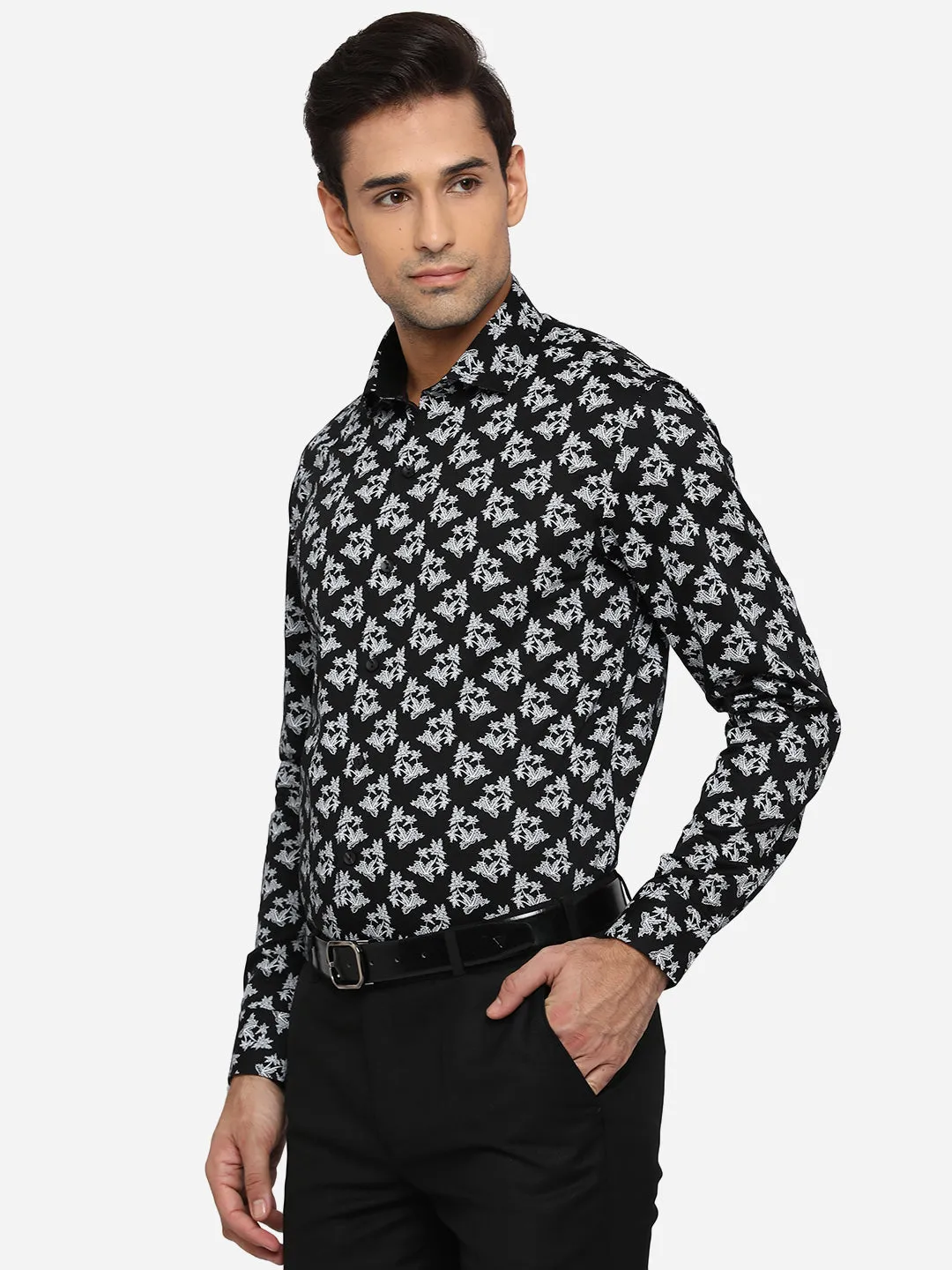 Black & White Printed Slim Fit Party Wear Shirt | JB Studio