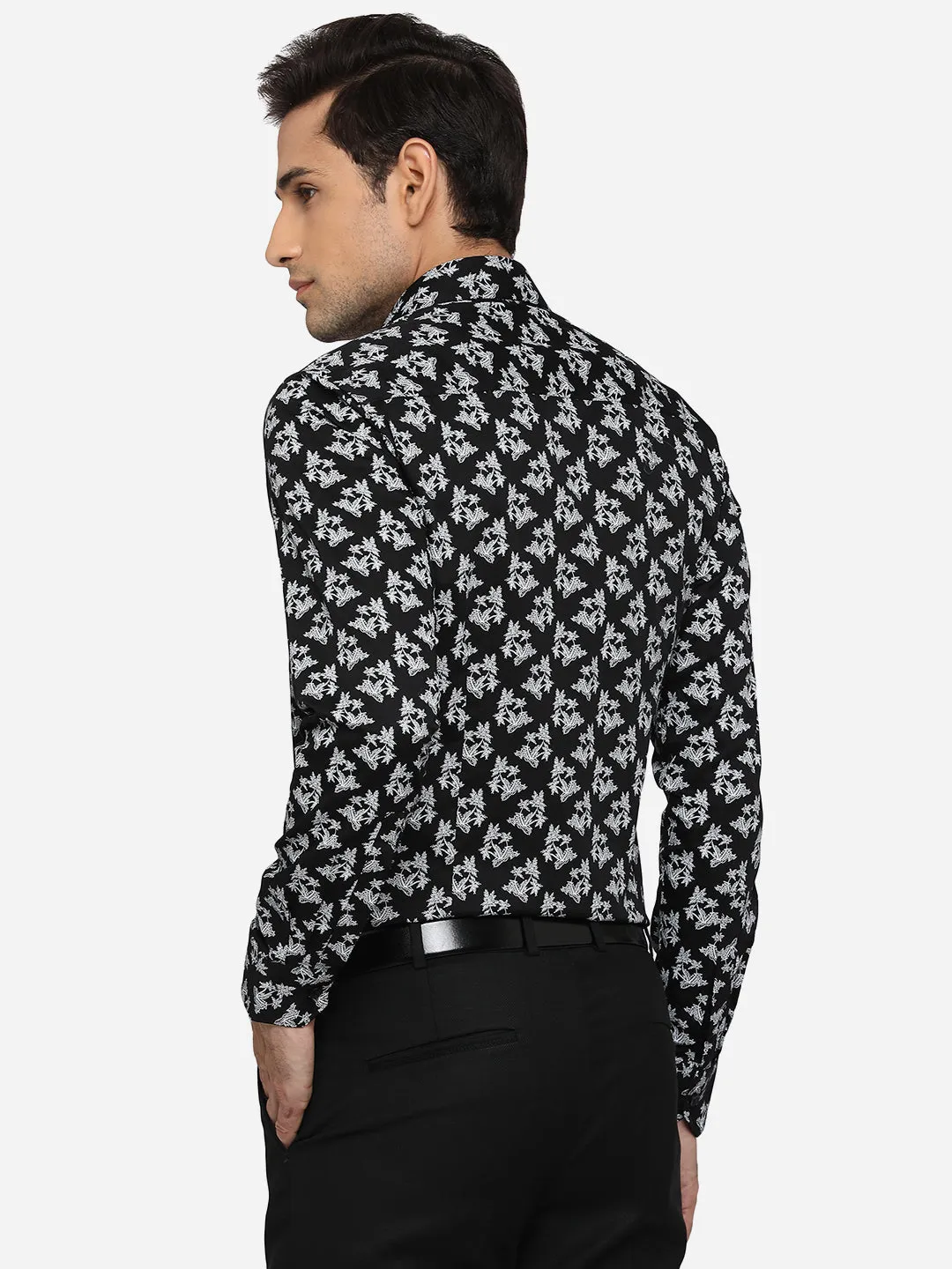 Black & White Printed Slim Fit Party Wear Shirt | JB Studio