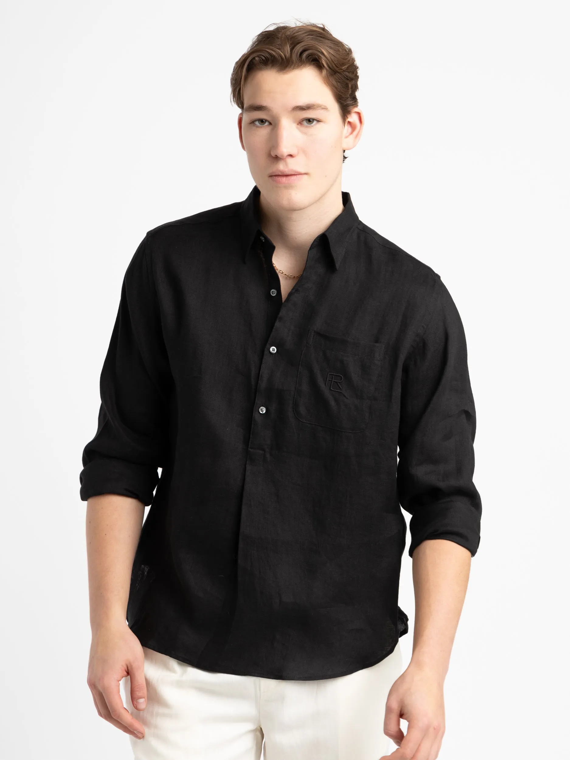 Black Textured Linen Popover Shirt