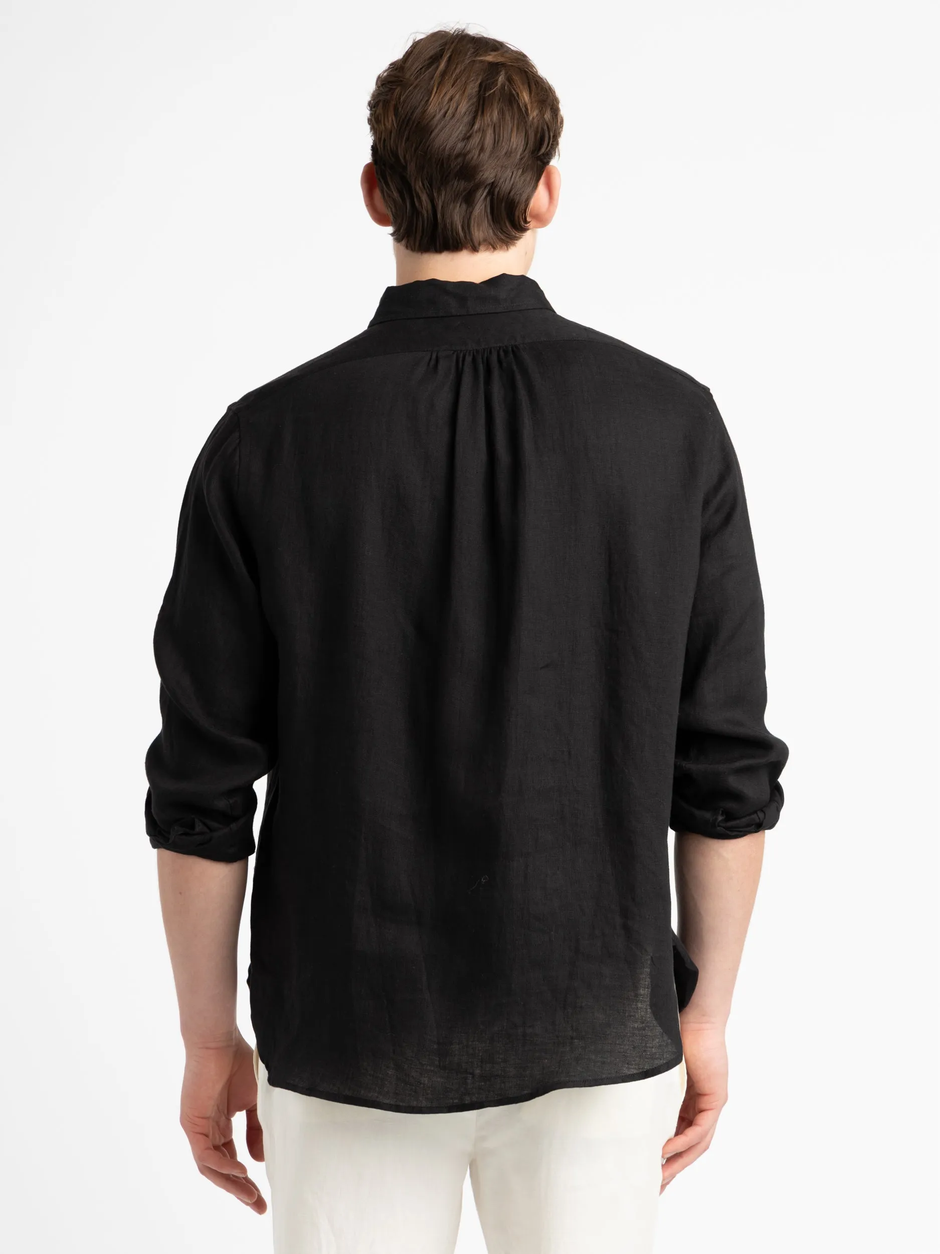 Black Textured Linen Popover Shirt