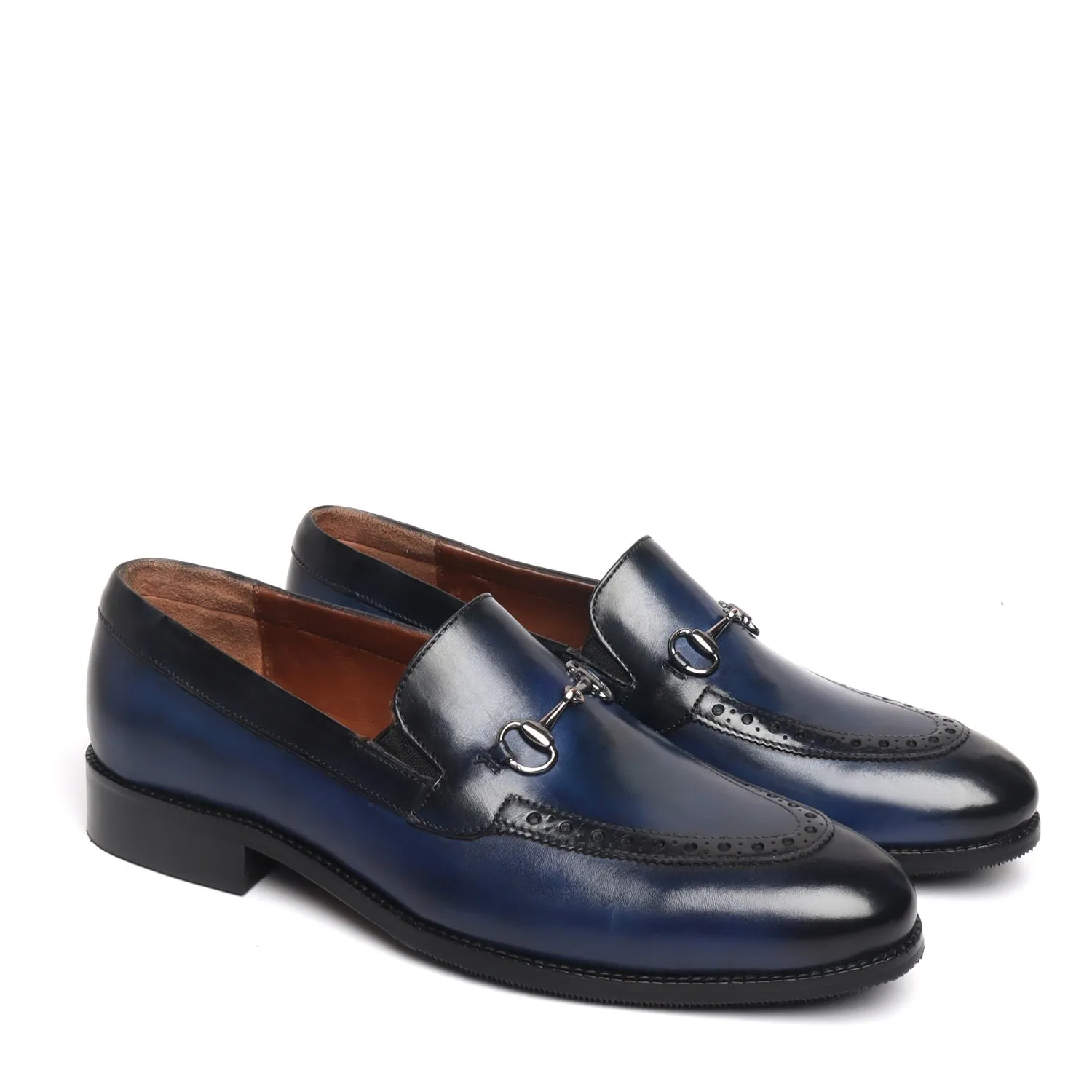 Blue Brogue Leather Loafer with Horse bit Detailing