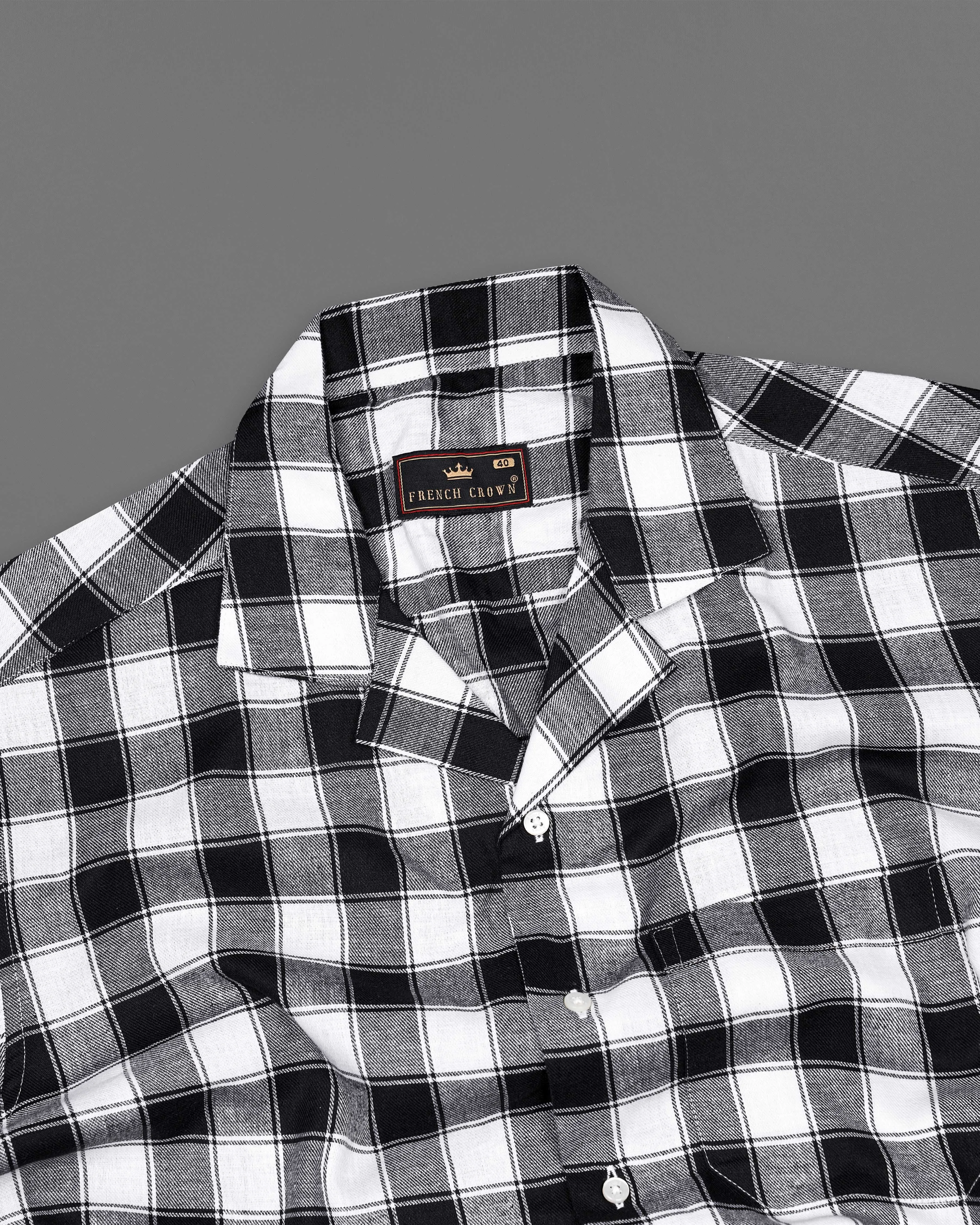 Bright White and Black Checked Dobby Textured Premium Giza Cotton Shirt