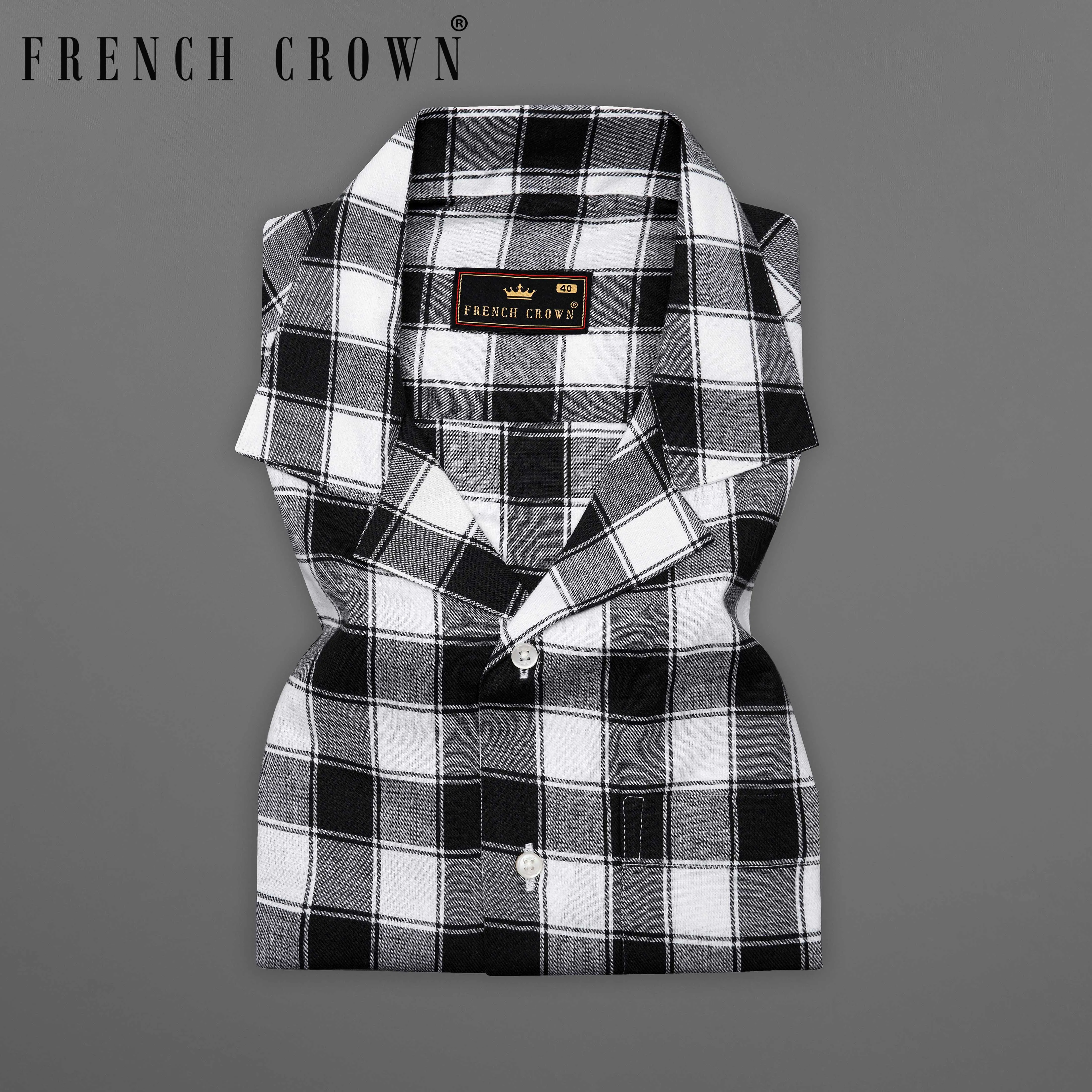 Bright White and Black Checked Dobby Textured Premium Giza Cotton Shirt