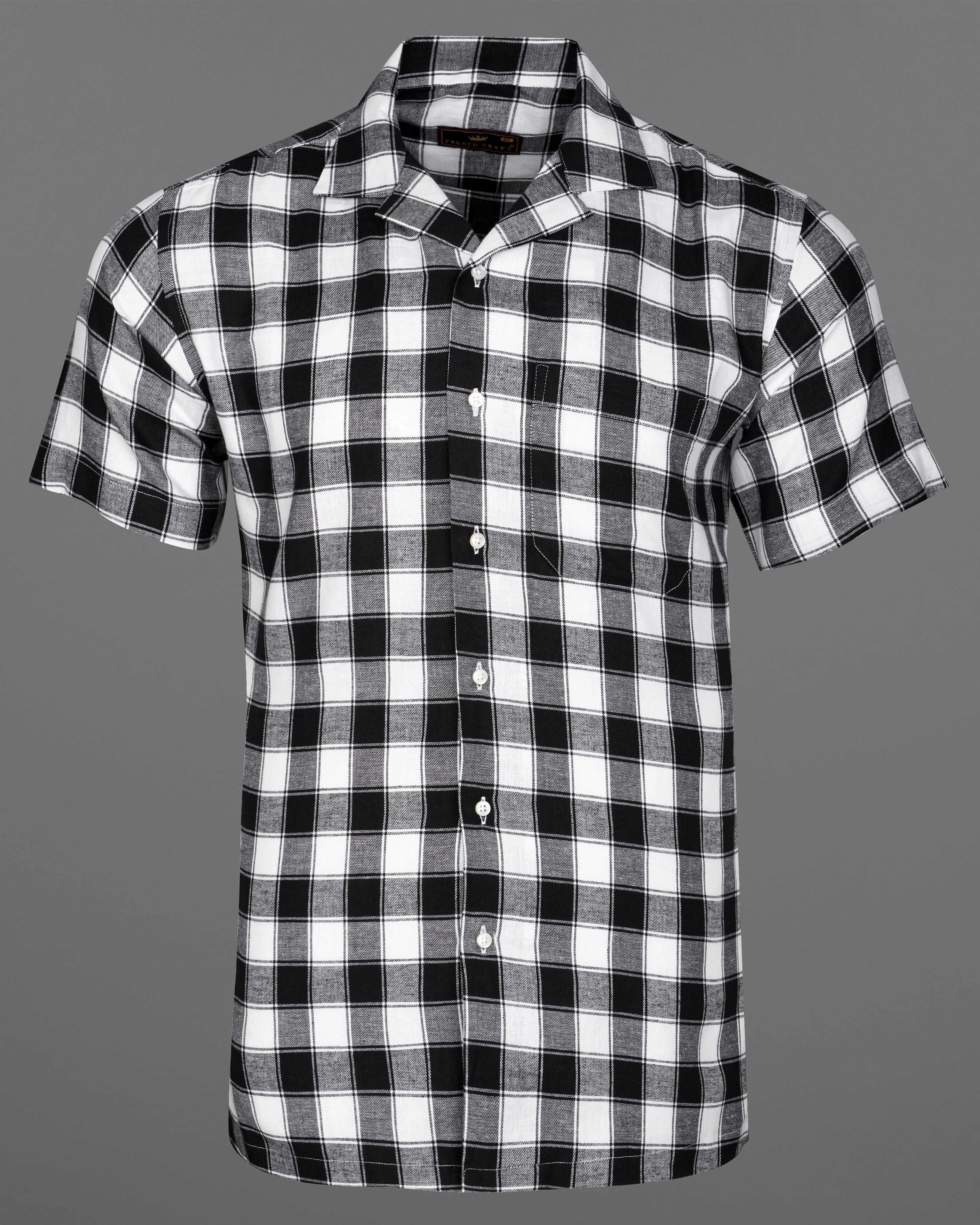 Bright White and Black Checked Dobby Textured Premium Giza Cotton Shirt