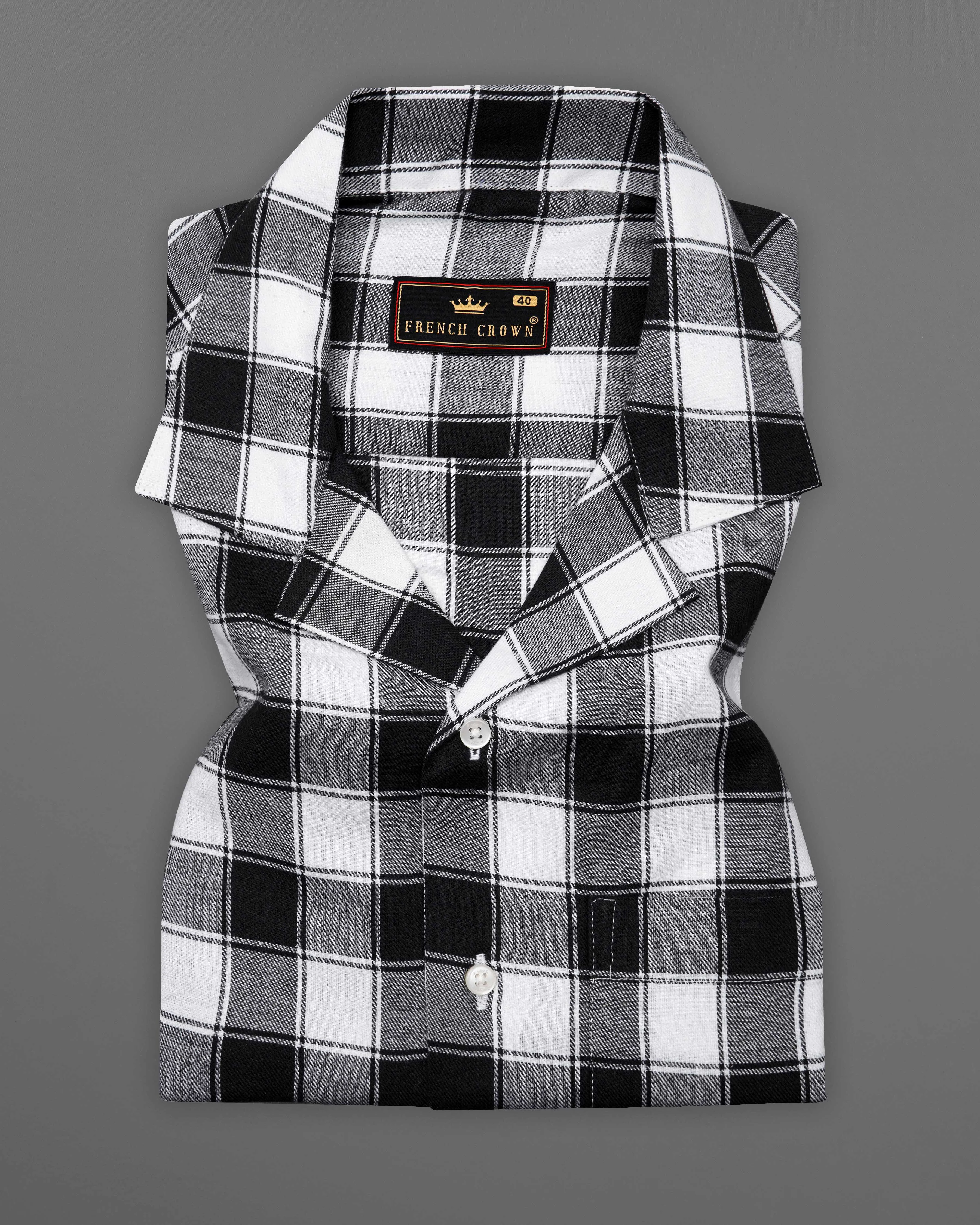 Bright White and Black Checked Dobby Textured Premium Giza Cotton Shirt