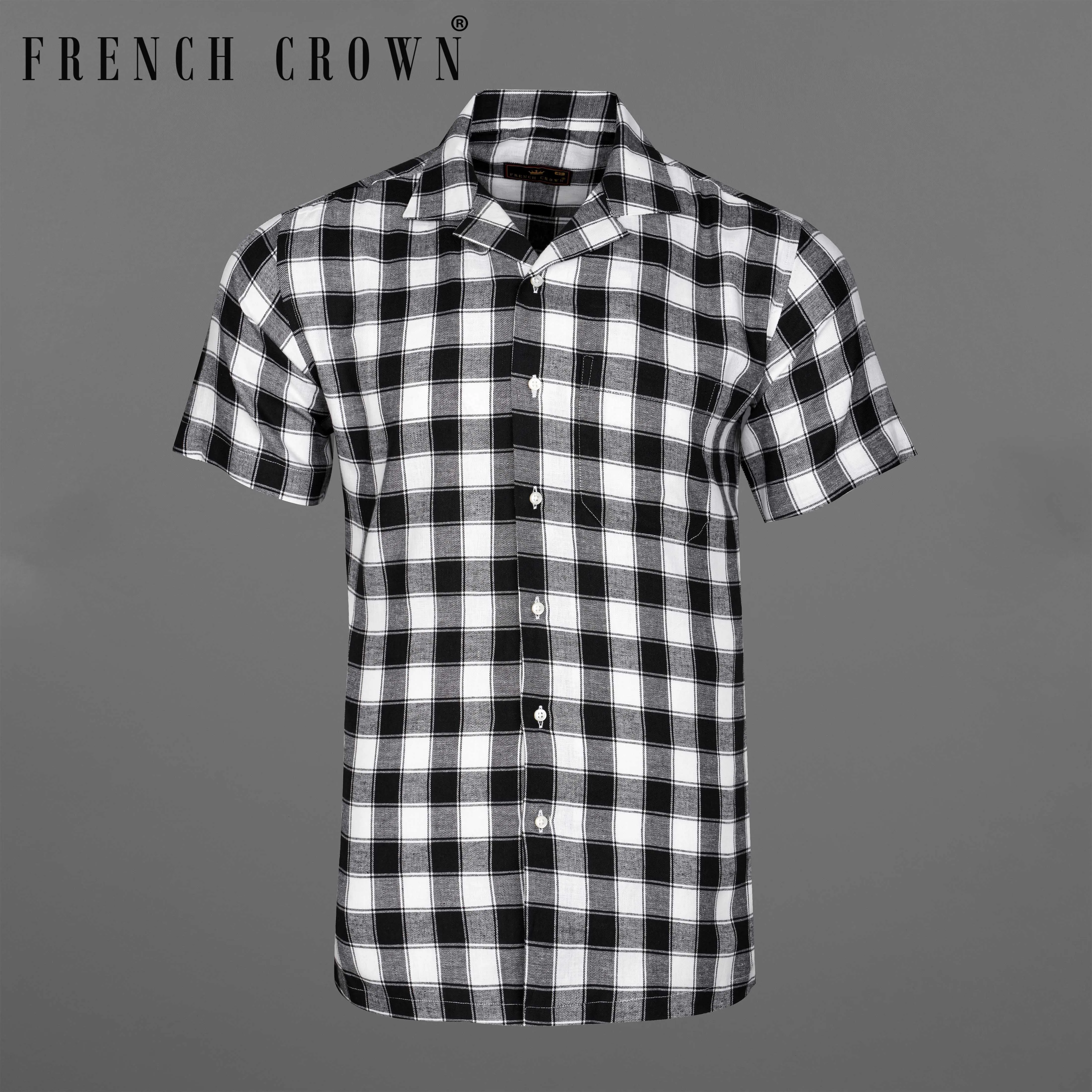 Bright White and Black Checked Dobby Textured Premium Giza Cotton Shirt