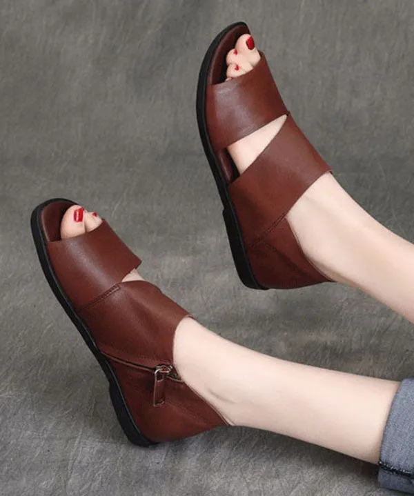 Brown Flat Sandals Peep Toe Zippered Splicing Cowhide Leather LY7630