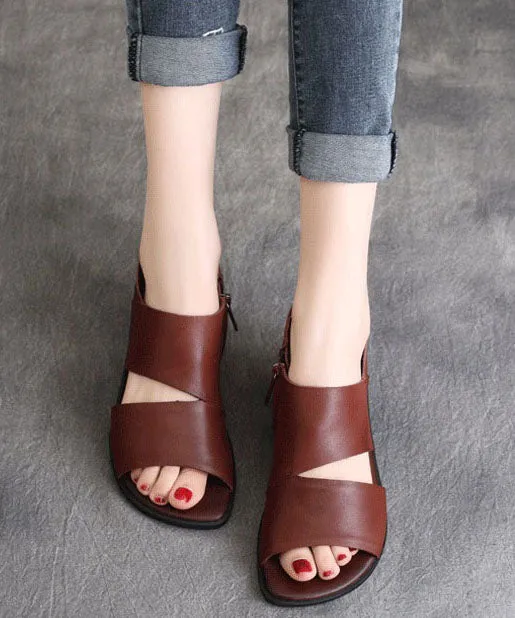 Brown Flat Sandals Peep Toe Zippered Splicing Cowhide Leather LY7630