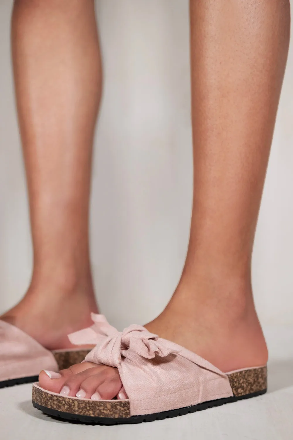 CALLIOPE SLIP ON SLIDER WITH LARGE BOW FRONT IN BLUSH PINK SUEDE