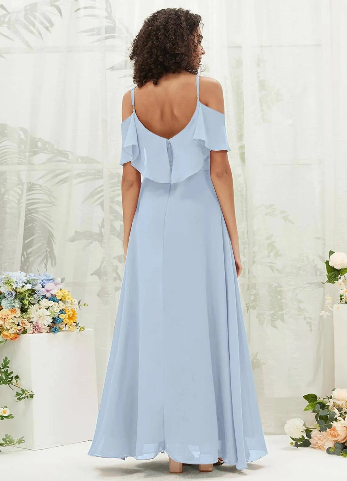 Cornflower Blue Chiffon Ruffle Cold Shoulder Sweetheart Bridesmaid Dress