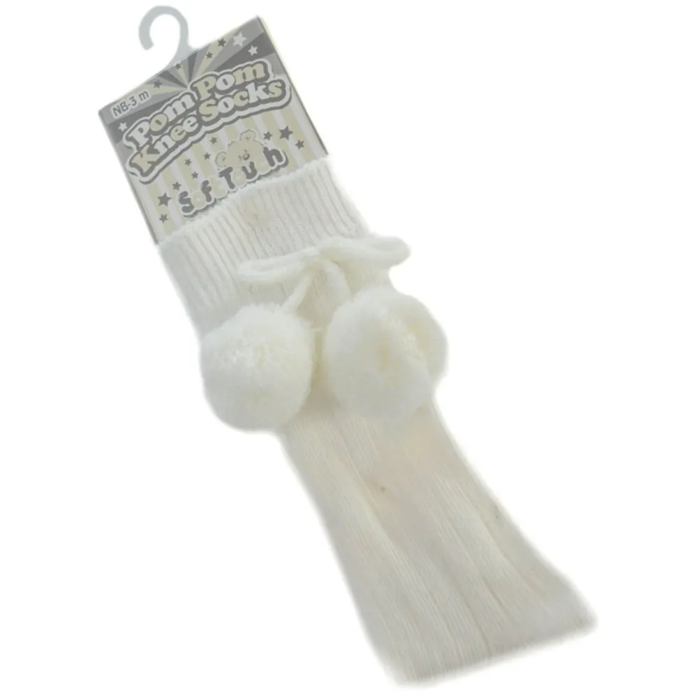 Cream Knee High Ribbed Pom Pom Socks