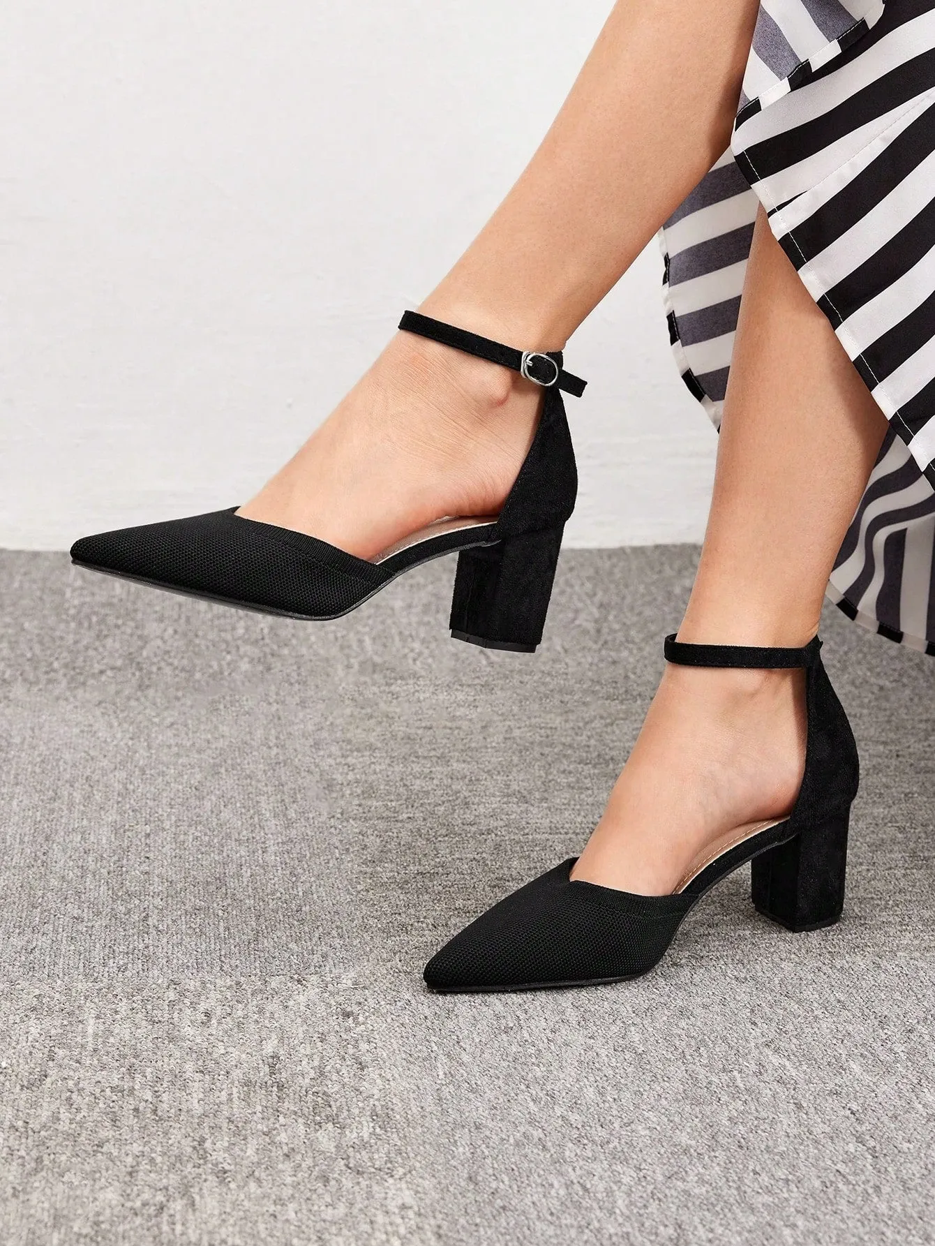 CUCCOO BIZCHIC Woman Shoes Minimalist Point Toe Fashion Elegant Ankle Strap Black Chunky Pumps For Summer Vacation Shoes Summer Sale Elegant Heels Back To School Shoes College Student Shoes