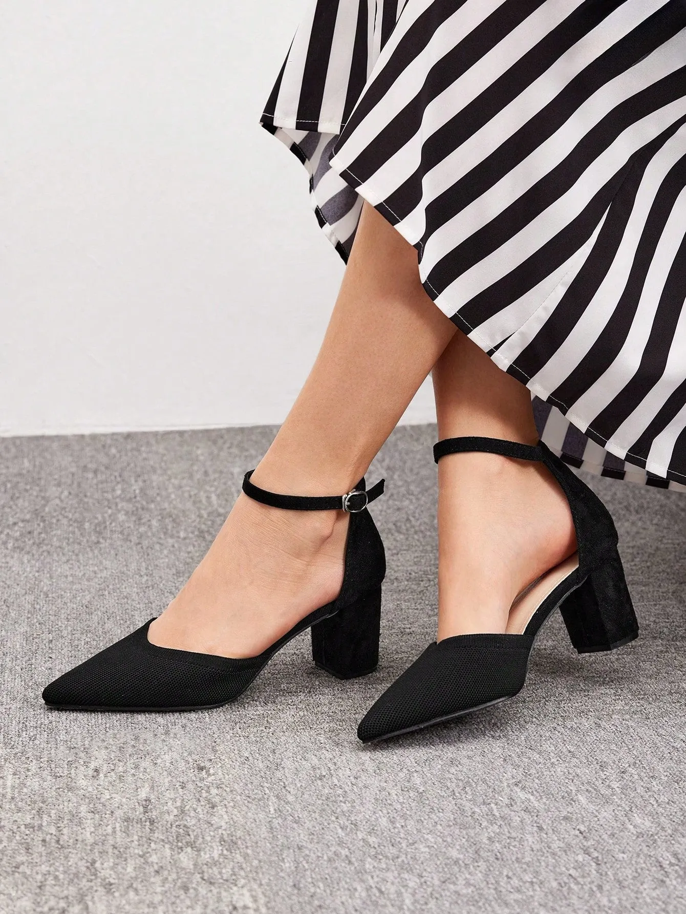 CUCCOO BIZCHIC Woman Shoes Minimalist Point Toe Fashion Elegant Ankle Strap Black Chunky Pumps For Summer Vacation Shoes Summer Sale Elegant Heels Back To School Shoes College Student Shoes