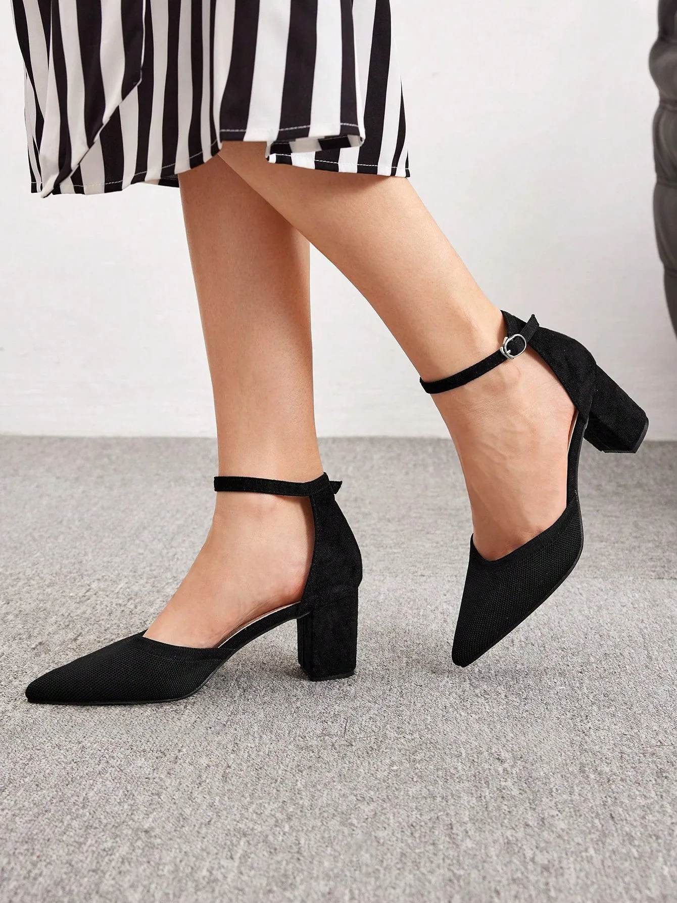 CUCCOO BIZCHIC Woman Shoes Minimalist Point Toe Fashion Elegant Ankle Strap Black Chunky Pumps For Summer Vacation Shoes Summer Sale Elegant Heels Back To School Shoes College Student Shoes