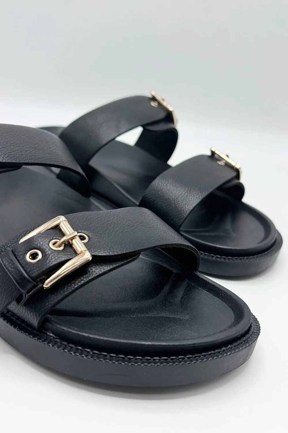 Elise 2 Band Gold Buckle Flat Slider in Black