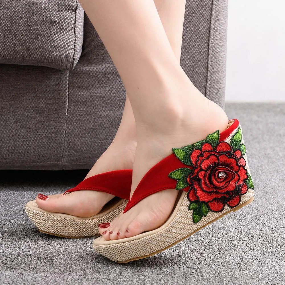 Embroidered Flower Platform Wedge Sandals