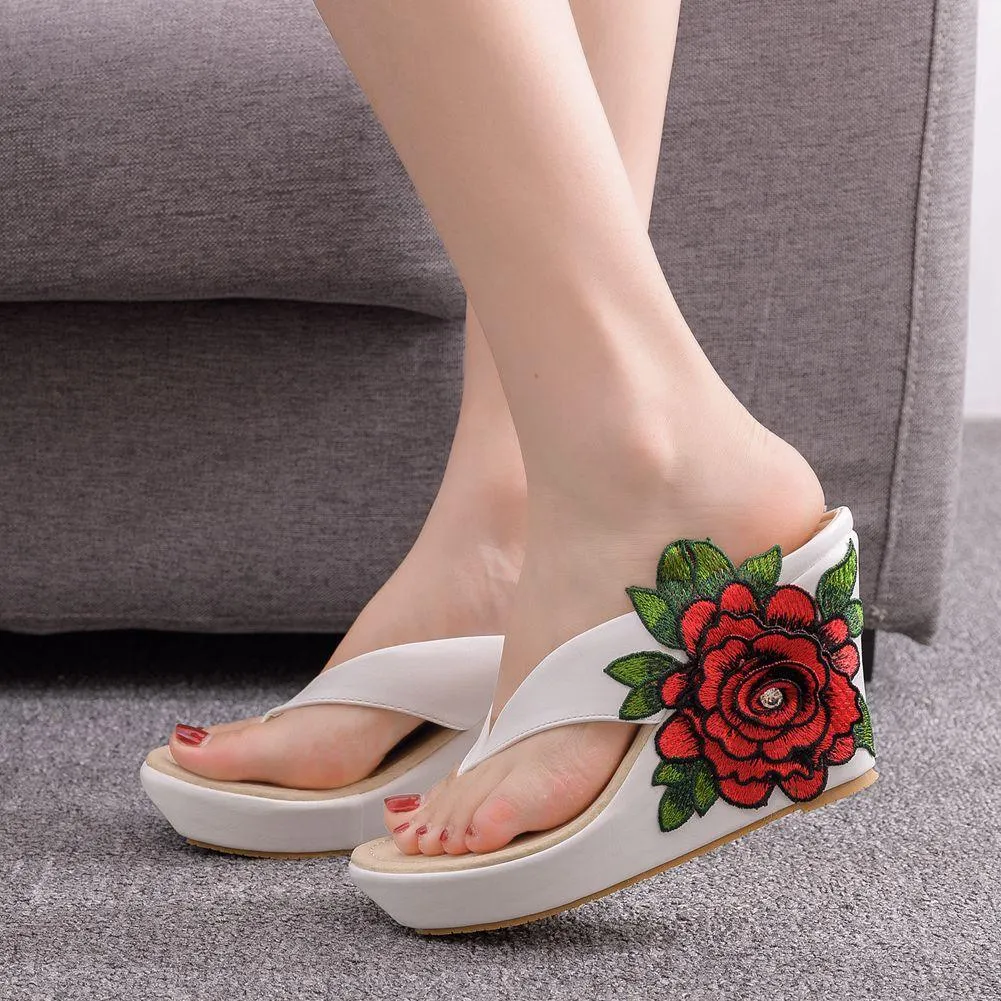 Embroidered Flower Platform Wedge Sandals