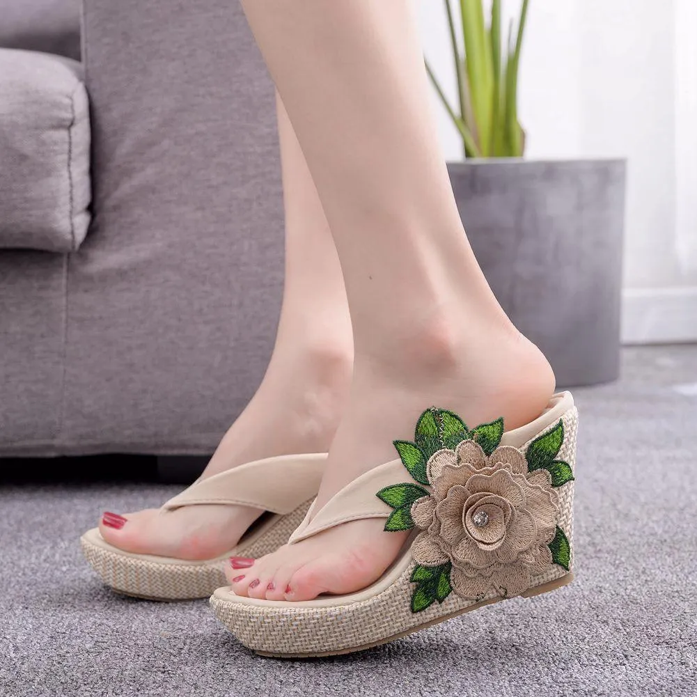 Embroidered Flower Platform Wedge Sandals