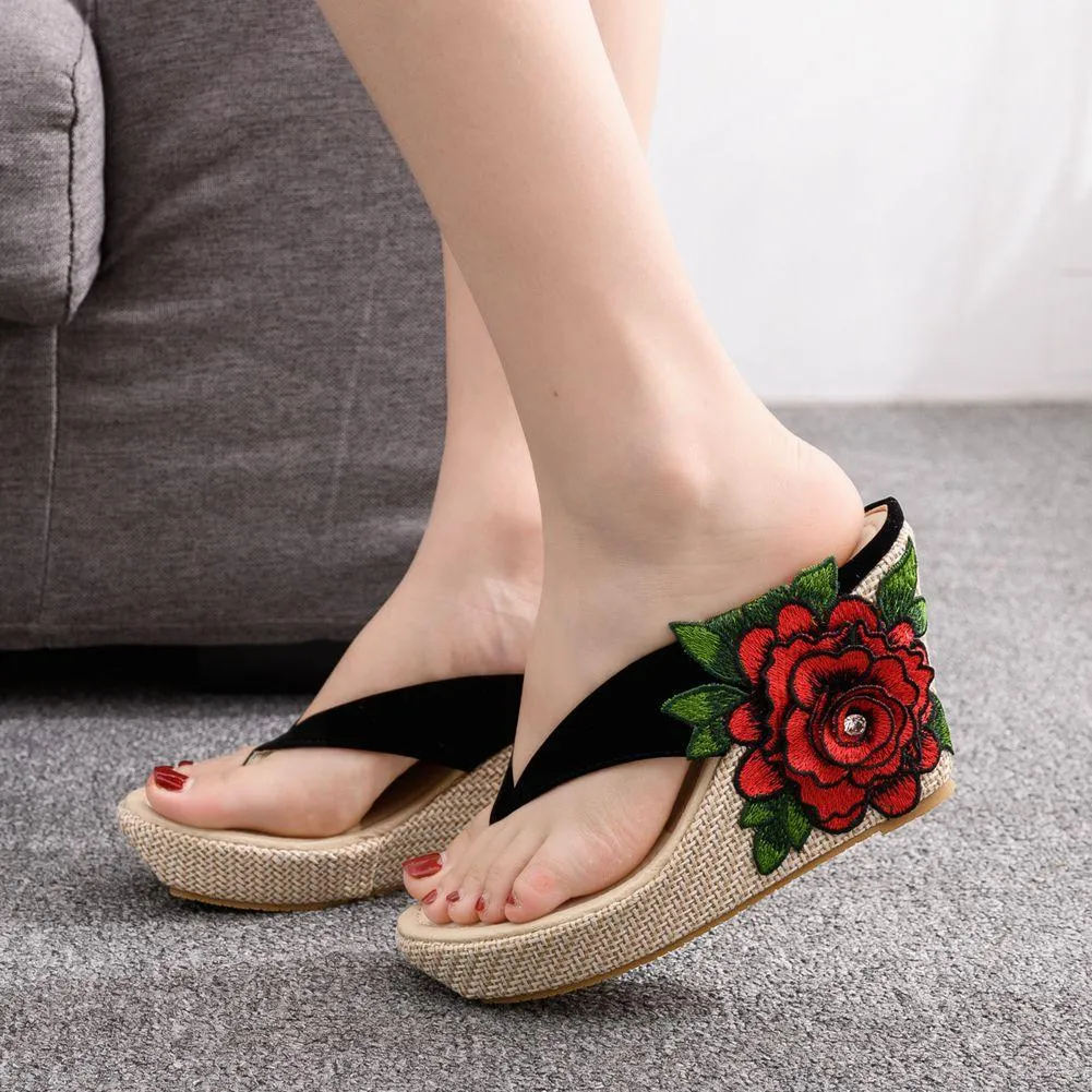 Embroidered Flower Platform Wedge Sandals