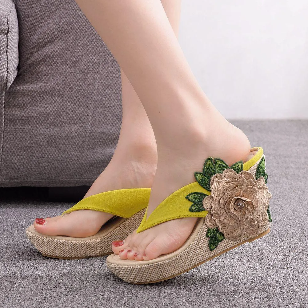 Embroidered Flower Platform Wedge Sandals