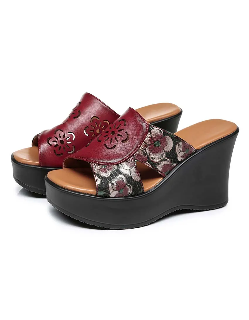 Ethnic Style Printed Leather Fish-Toe Wedge Slippers