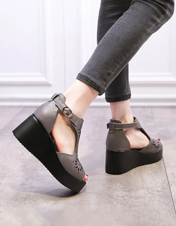 Fish-toe Ankle Buckle Hollow Wedge Sandals