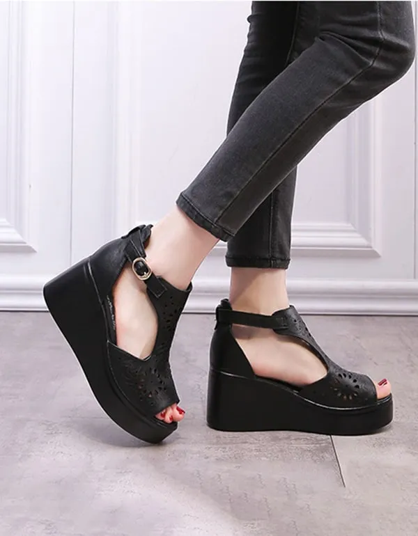 Fish-toe Ankle Buckle Hollow Wedge Sandals