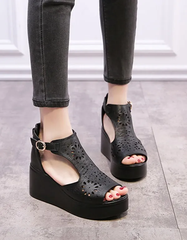 Fish-toe Ankle Buckle Hollow Wedge Sandals