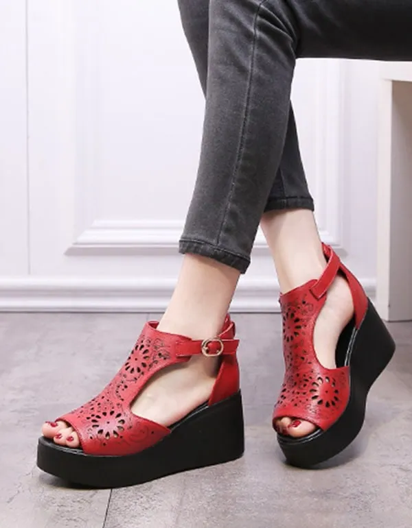 Fish-toe Ankle Buckle Hollow Wedge Sandals