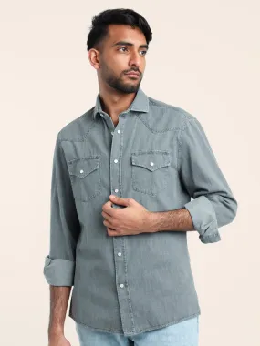 Grey Garment-Dyed Western Shirt in Lightweight Denim