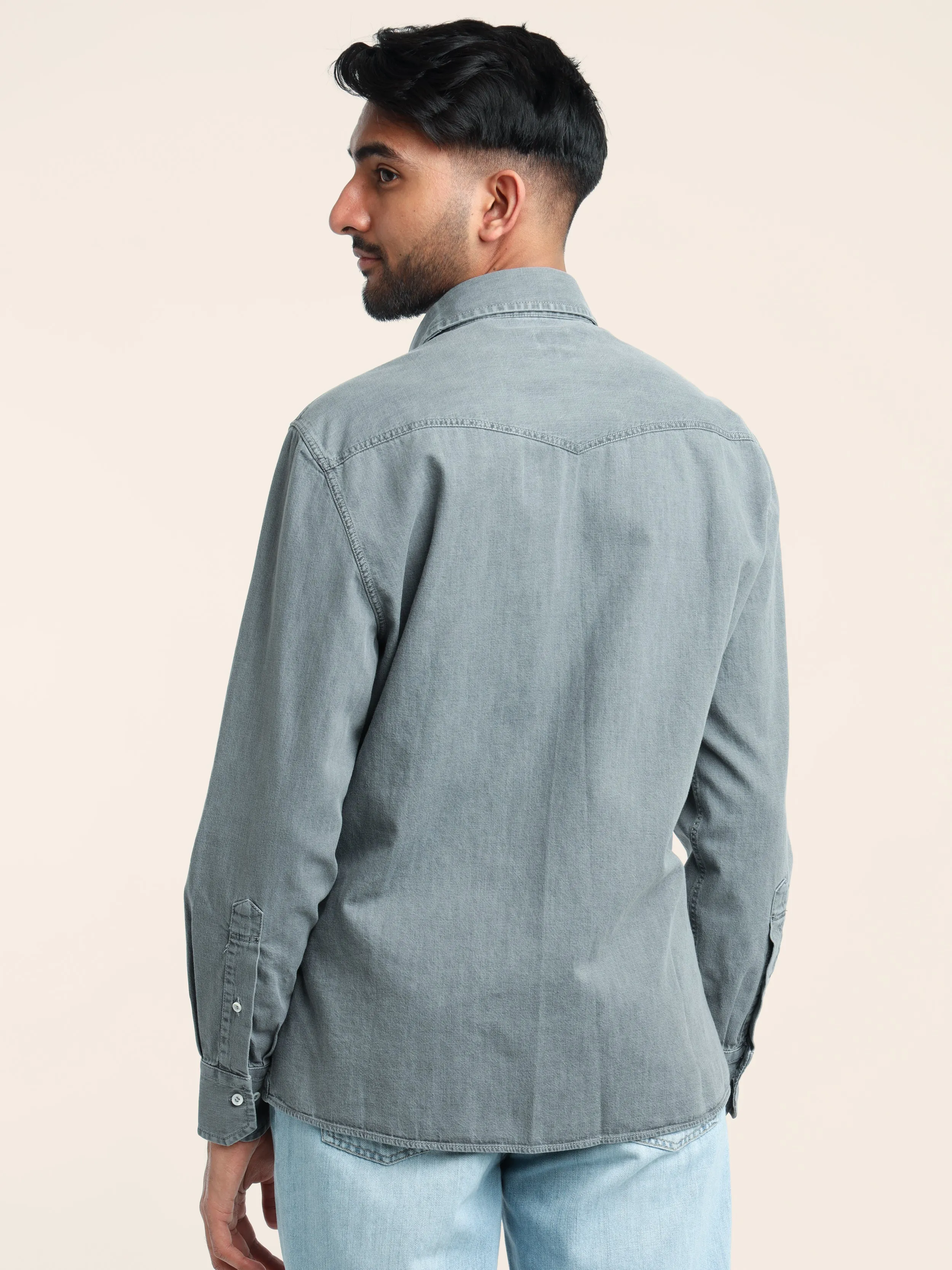 Grey Garment-Dyed Western Shirt in Lightweight Denim