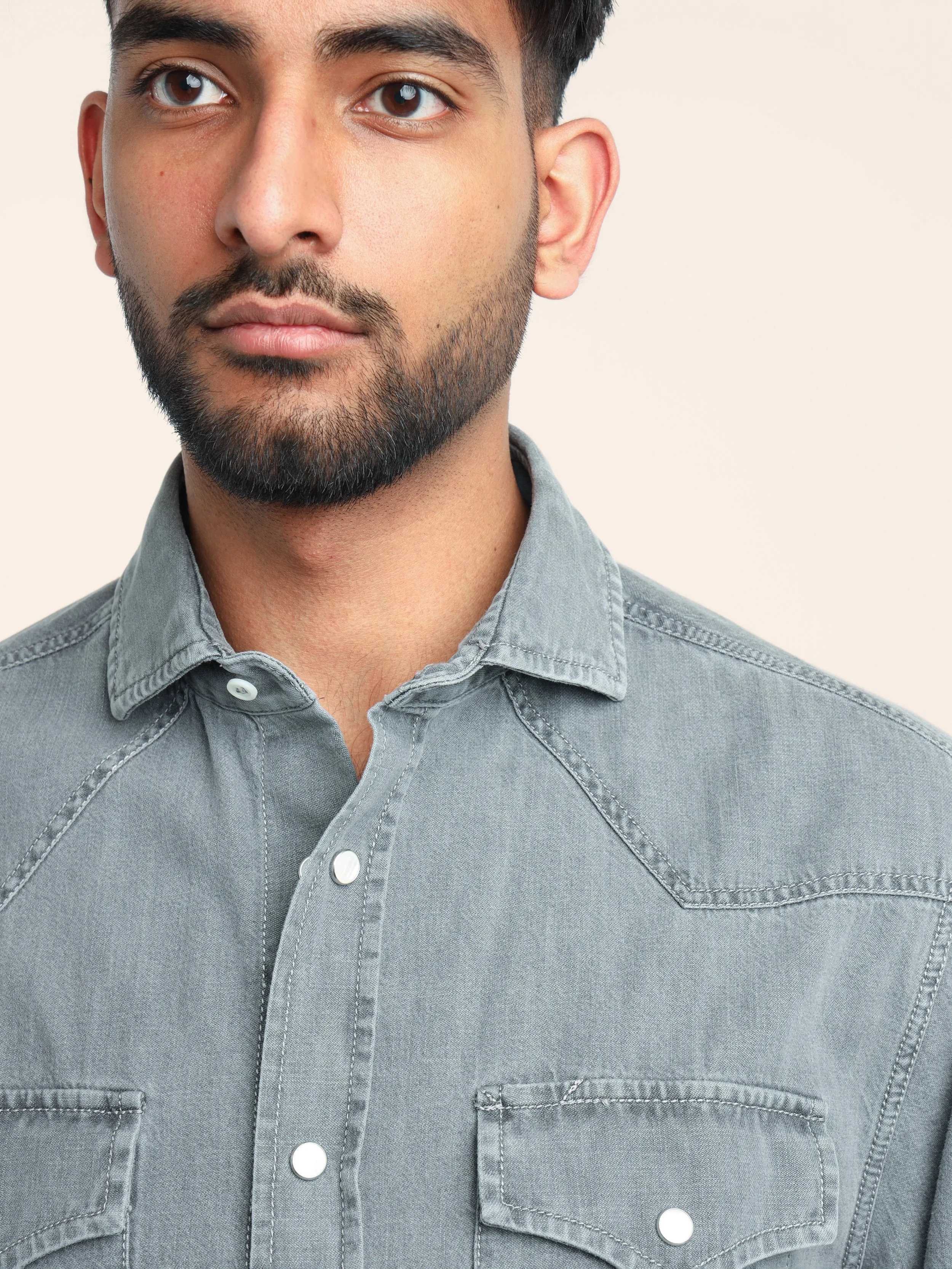 Grey Garment-Dyed Western Shirt in Lightweight Denim