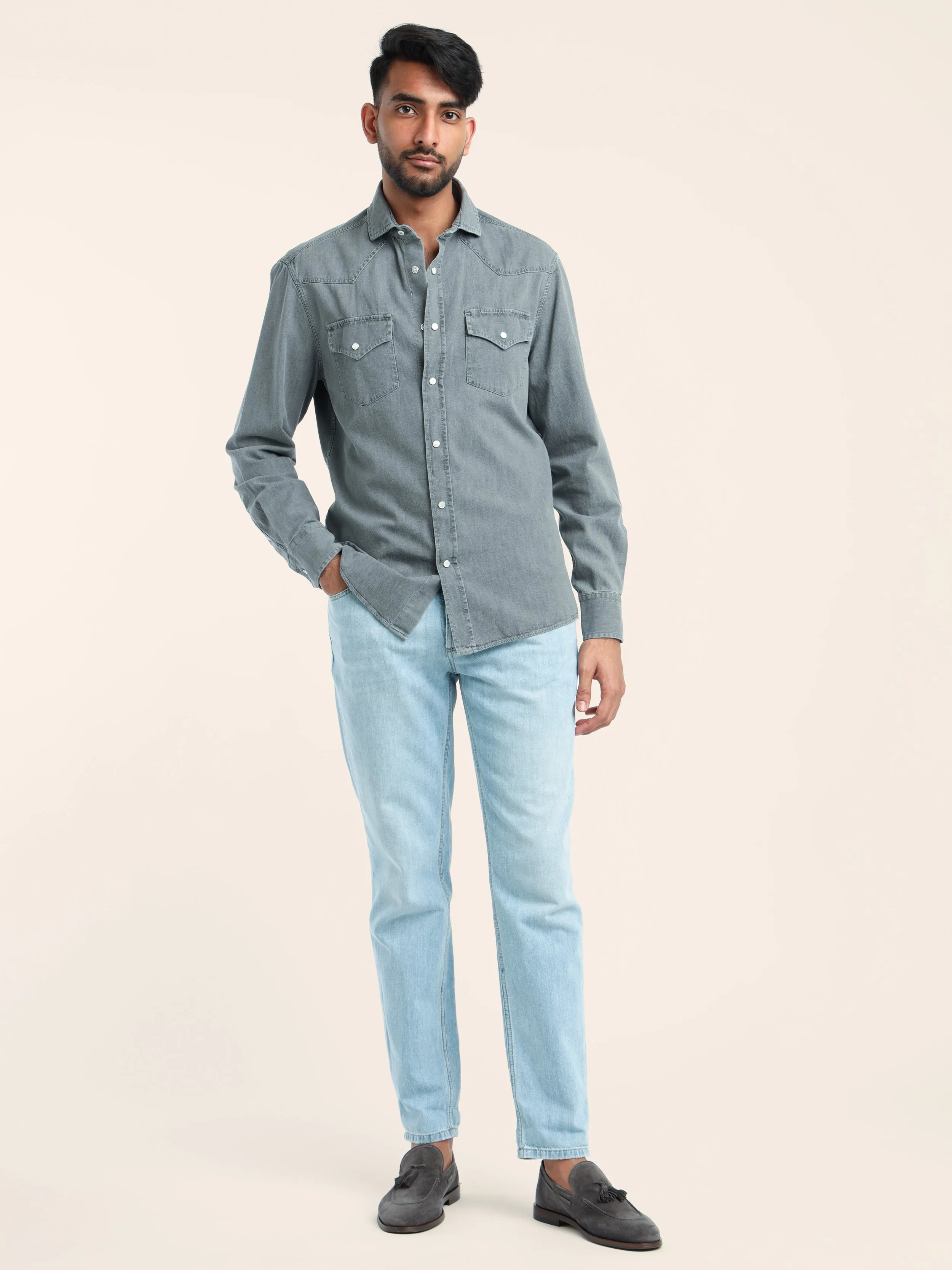 Grey Garment-Dyed Western Shirt in Lightweight Denim