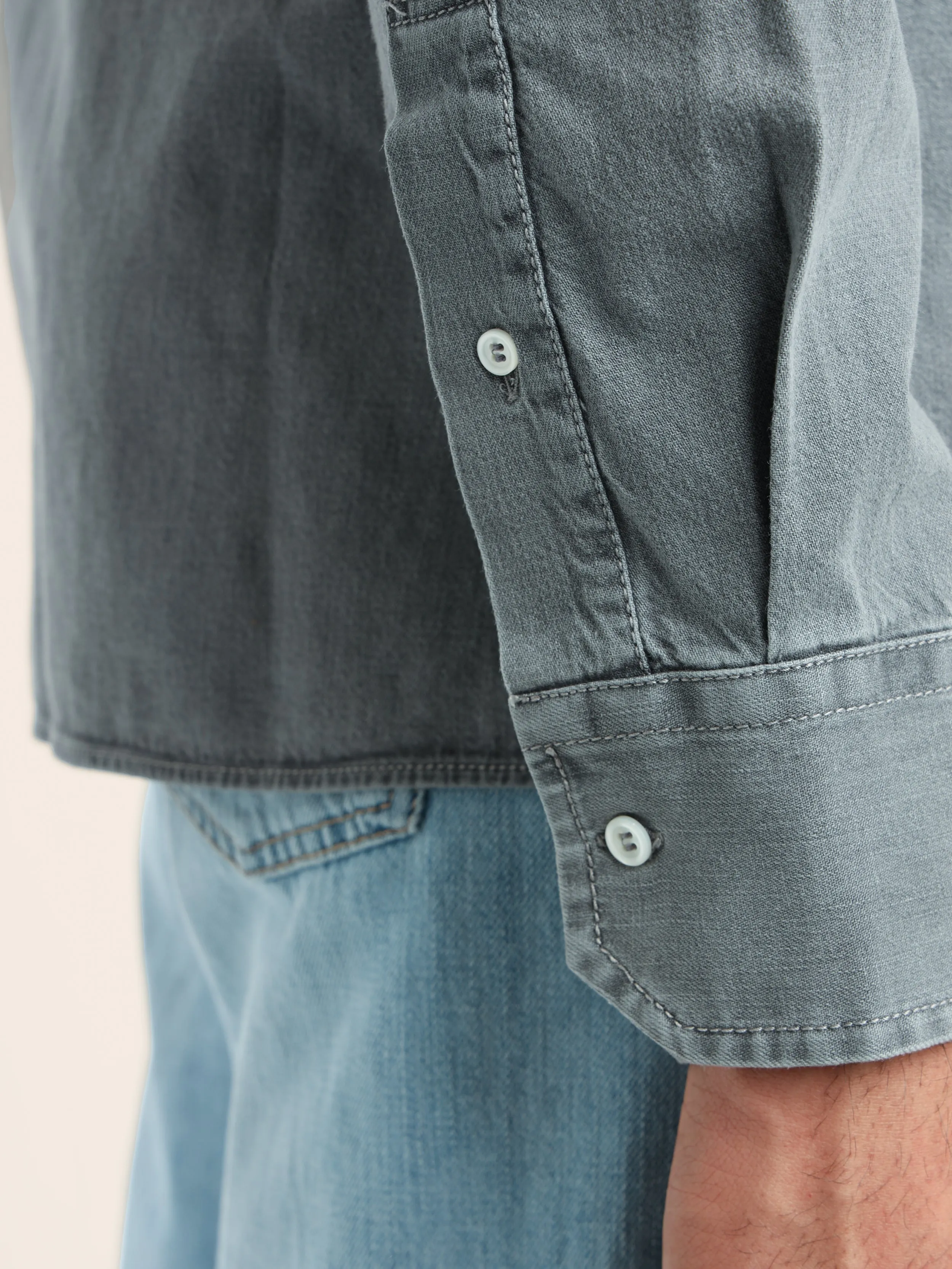 Grey Garment-Dyed Western Shirt in Lightweight Denim