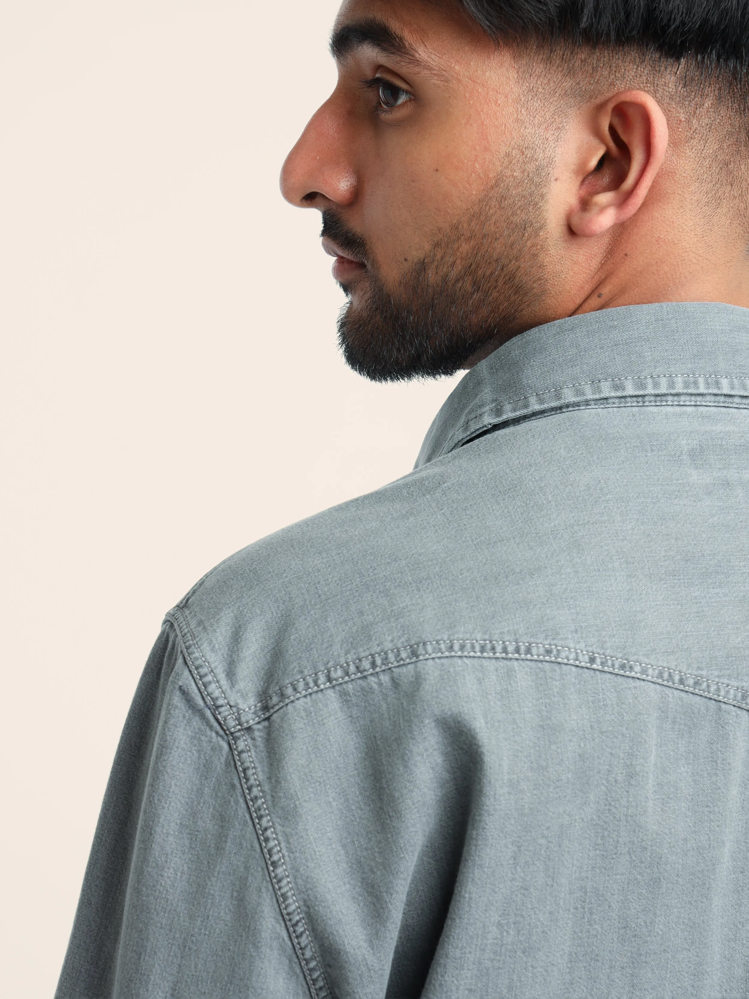 Grey Garment-Dyed Western Shirt in Lightweight Denim